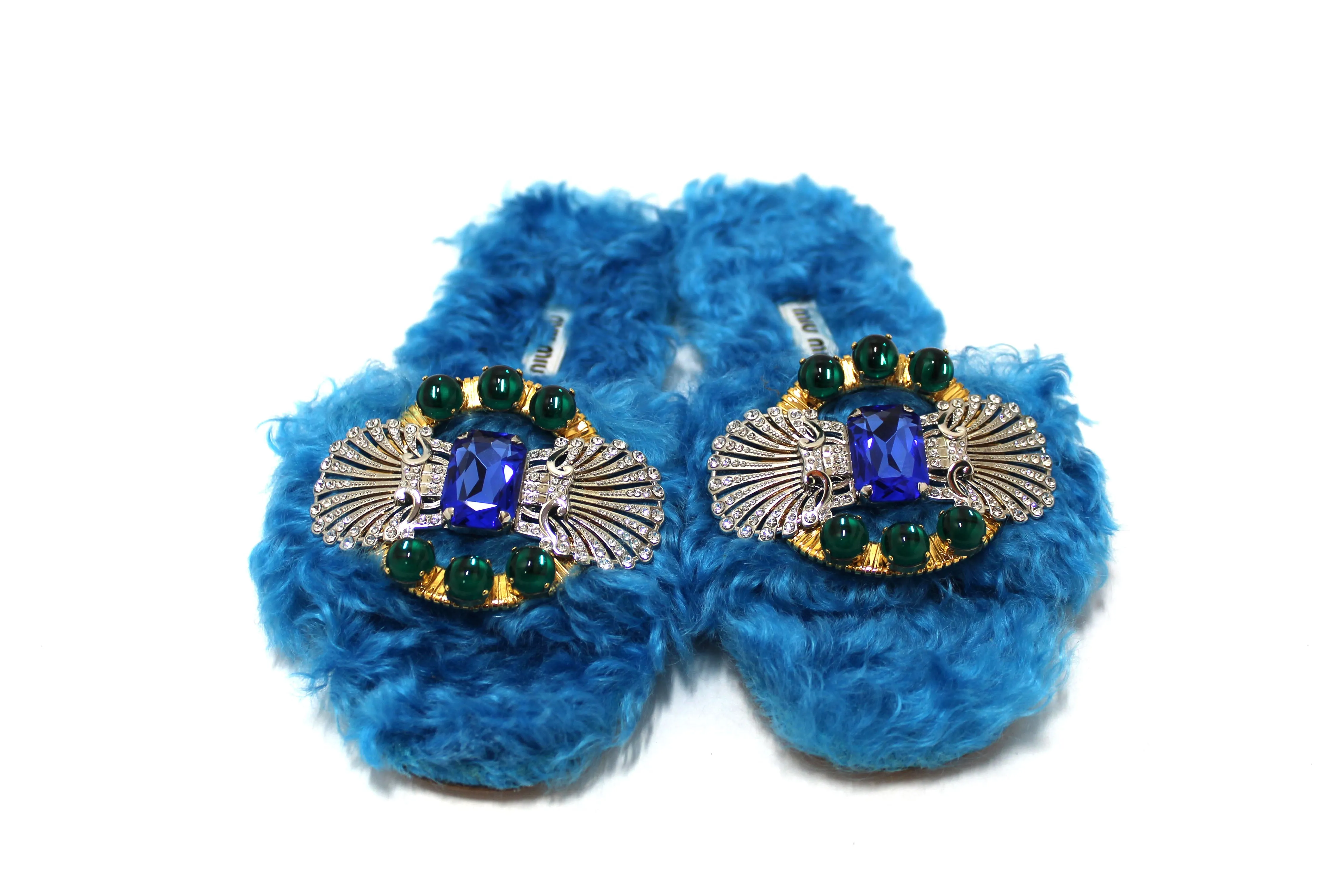 Miu Miu Teal Turquoise Blue Sherling Fur Rhinestones Flat Sandals Shoes Size 35