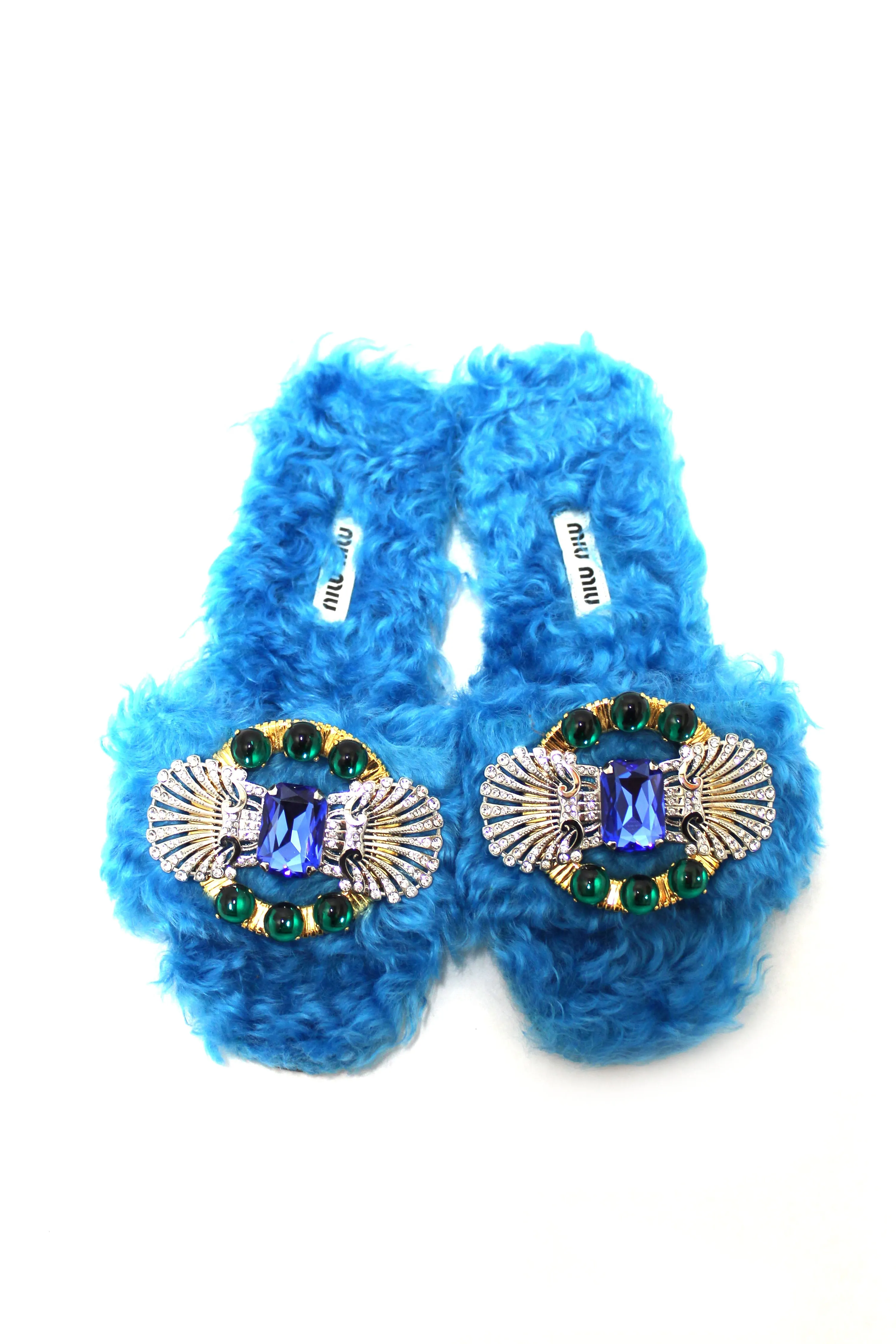 Miu Miu Teal Turquoise Blue Sherling Fur Rhinestones Flat Sandals Shoes Size 35