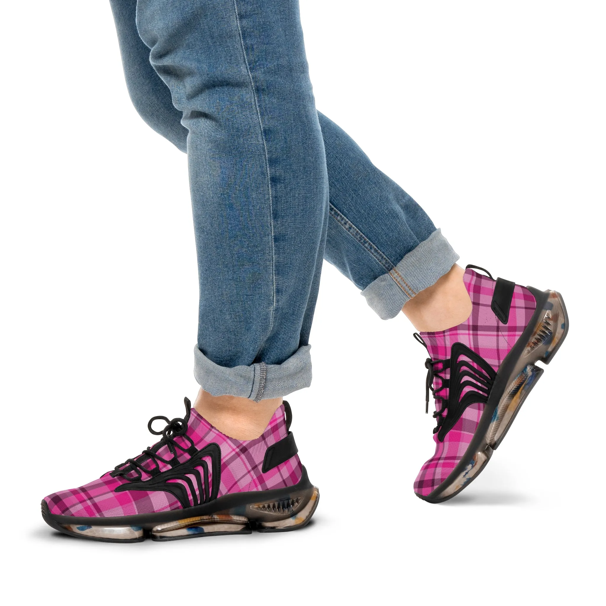 Pink Plaid Men's Mesh Sneakers, Cute Pink Plaid Print Men's Sneakers Best Comfy Men's Mesh Sports Sneakers Shoes (US Size: 5-12)