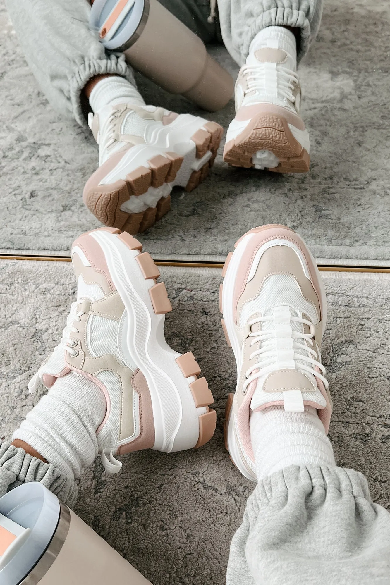 Ready To Bounce Chunky Platform Sneakers (Beige/Pink)