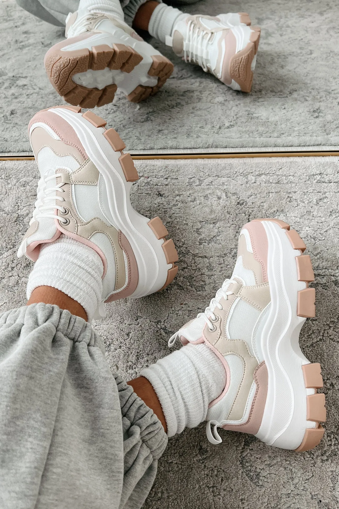 Ready To Bounce Chunky Platform Sneakers (Beige/Pink)