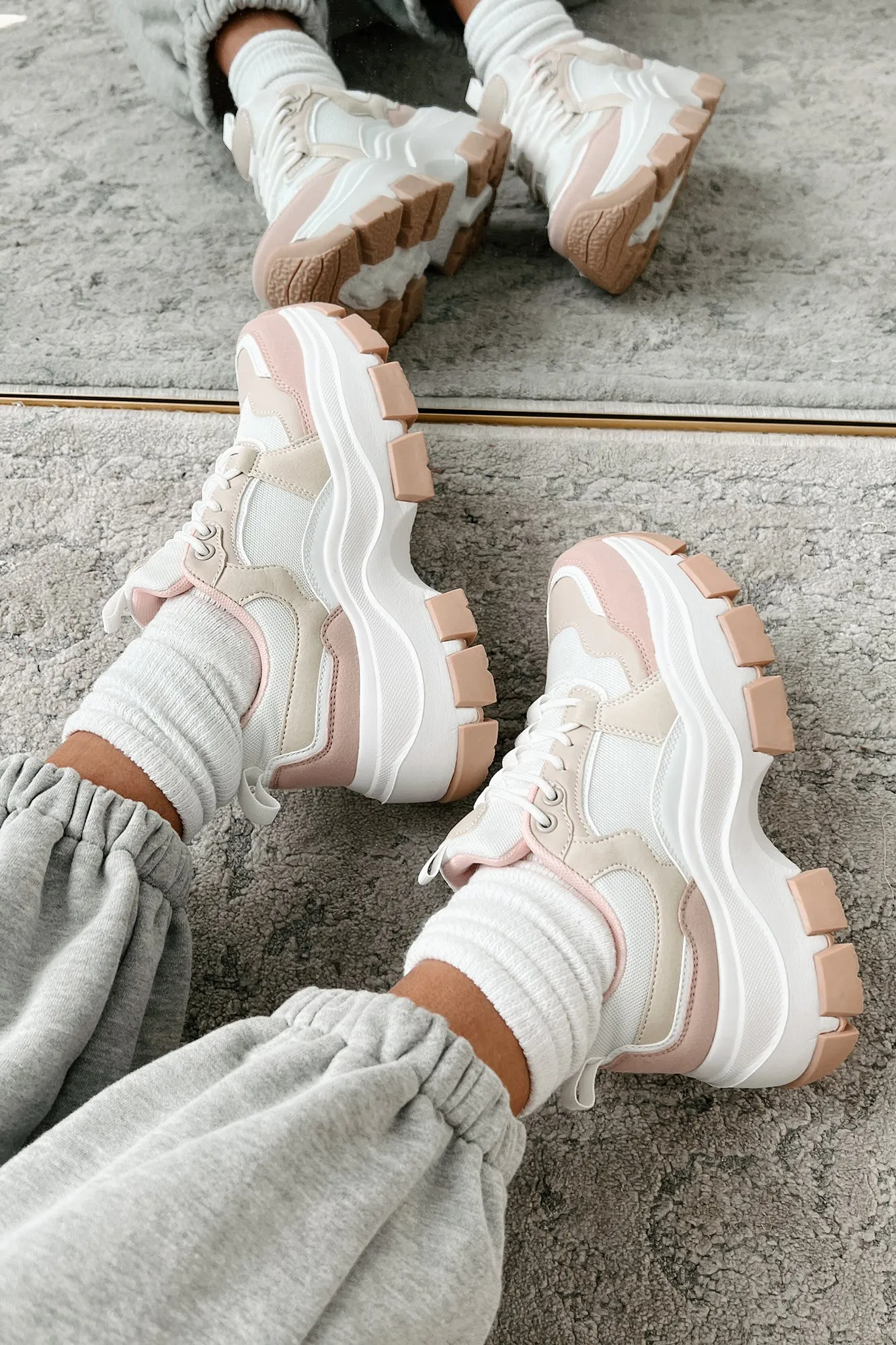 Ready To Bounce Chunky Platform Sneakers (Beige/Pink)