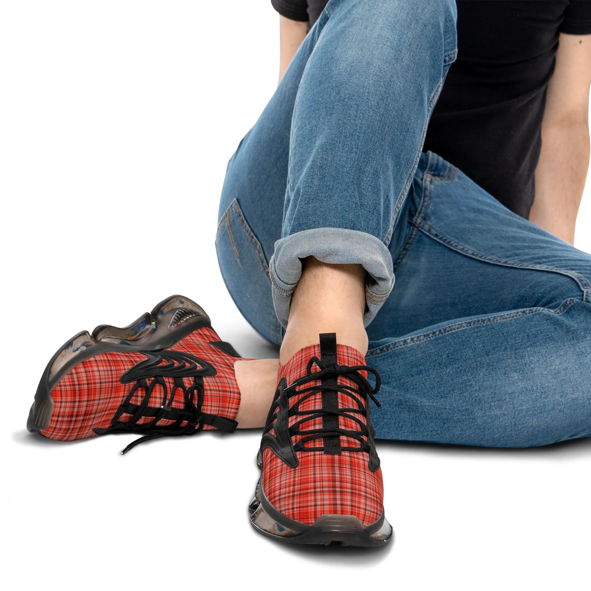 Red Plaid Men's Mesh Sneakers, Red Plaid Print Plaid Print Men's Sneakers Best Comfy Men's Mesh Sports Sneakers Shoes (US Size: 5-12)