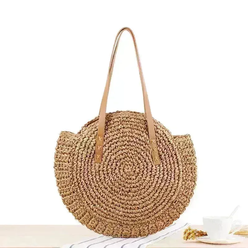 Simple Round Shoulder Bag Straw Handbag Summer Beach Bags