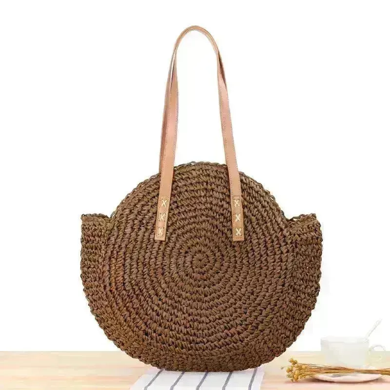 Simple Round Shoulder Bag Straw Handbag Summer Beach Bags
