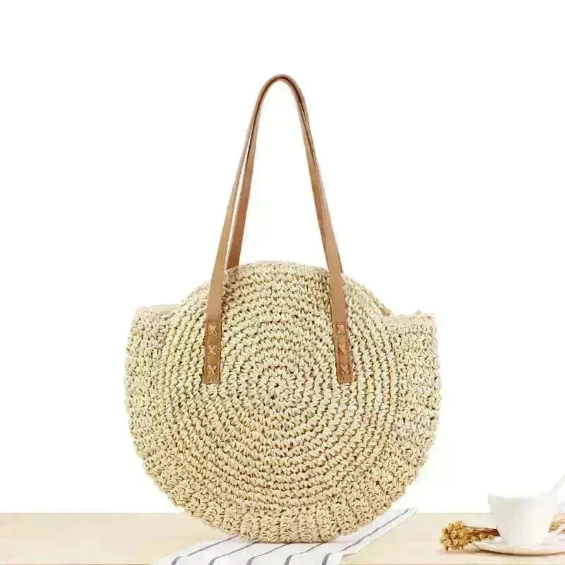 Simple Round Shoulder Bag Straw Handbag Summer Beach Bags