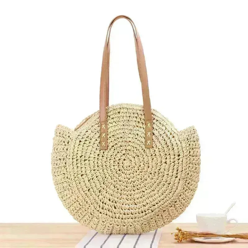 Simple Round Shoulder Bag Straw Handbag Summer Beach Bags
