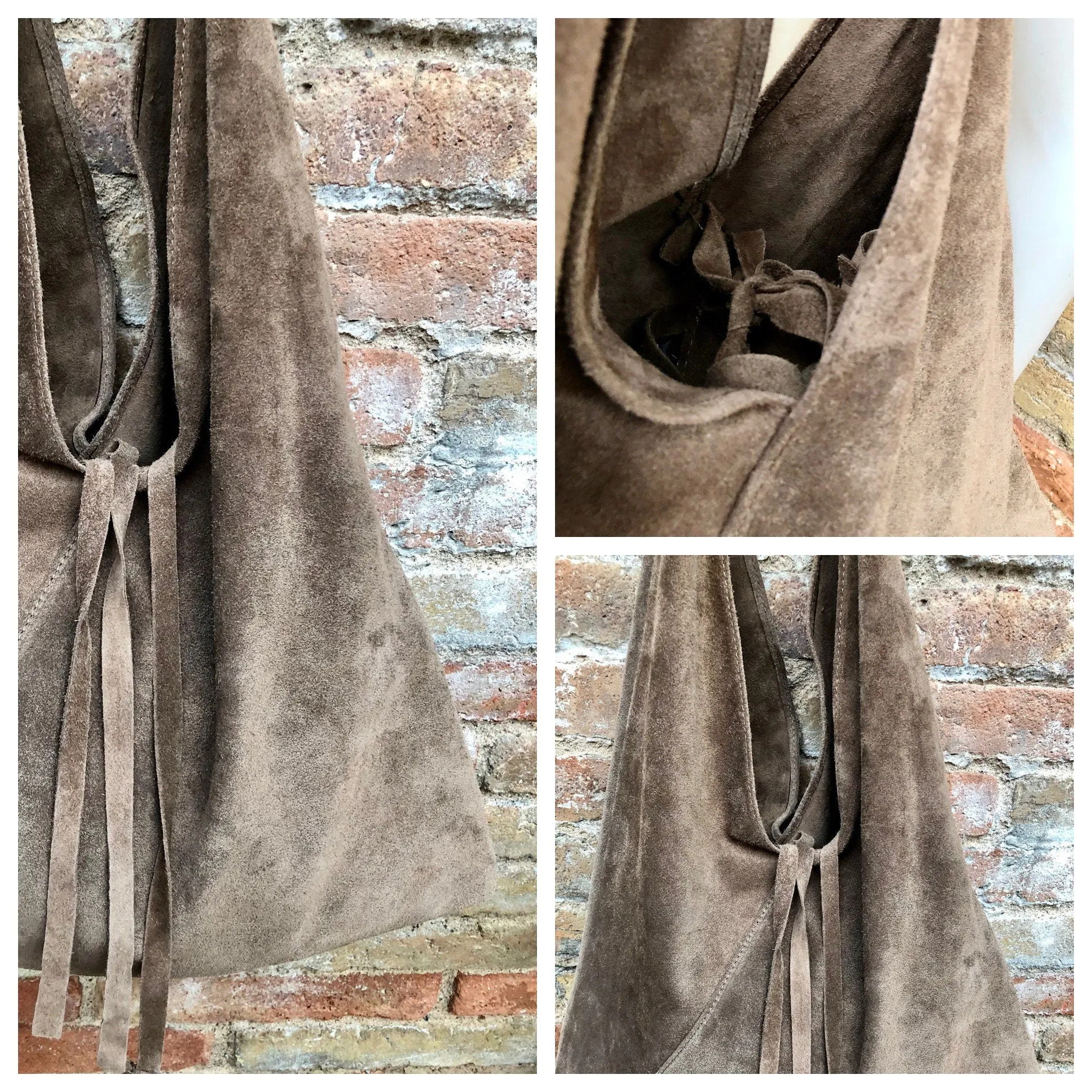 Slouch leather bag in Light brown suede . Large shoulder  bag in genuine leather. Taupe origami bag with brown leather accent. Large shopper