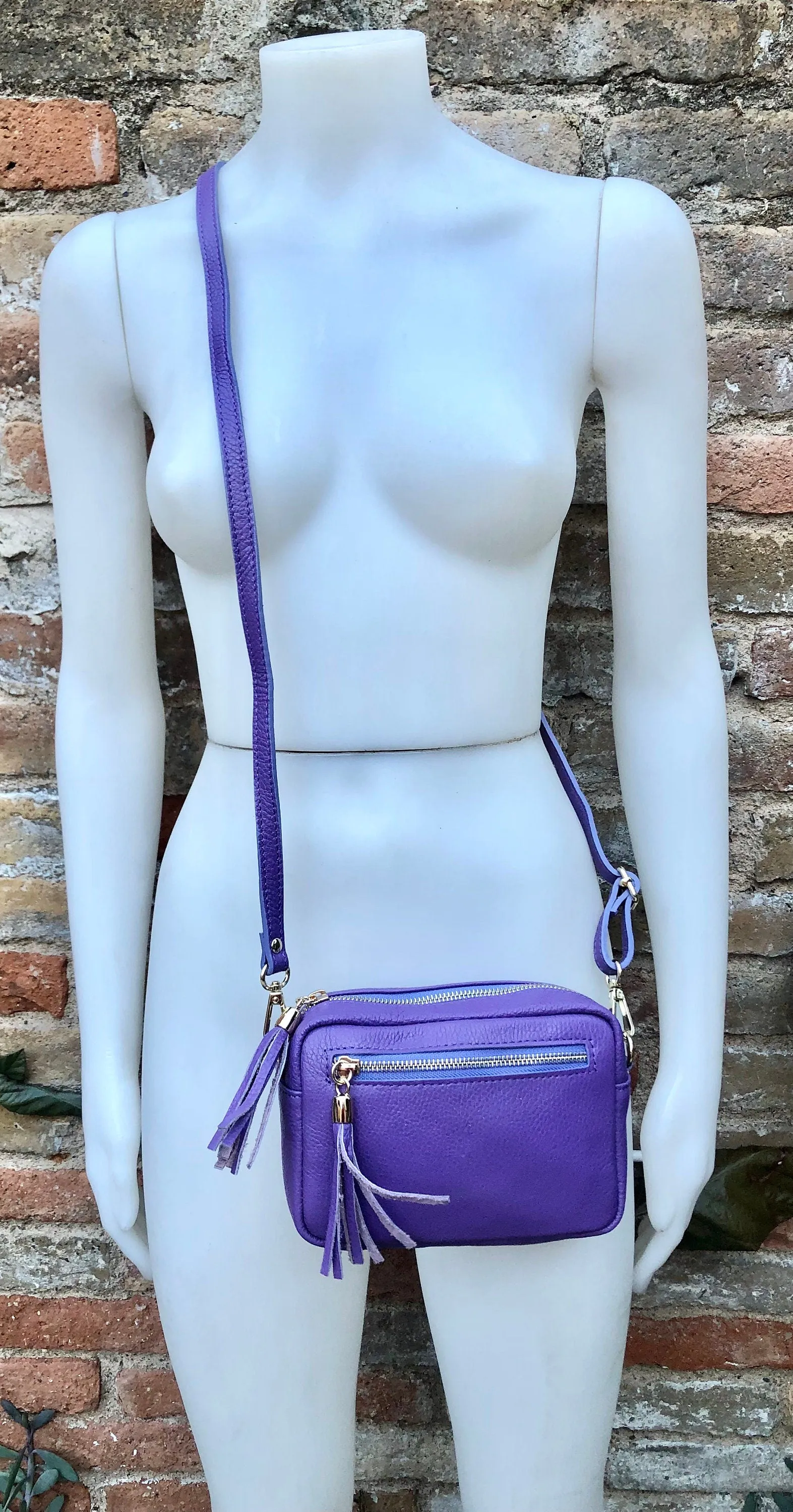 Small leather PURPLE bag. GENUINE leather shoulder or cross body bag. Mauve purple leather purse with tassels, adjustable strap and zipper