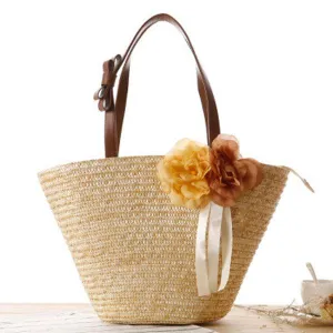 Straw Summer Beach Bags Flower Biege