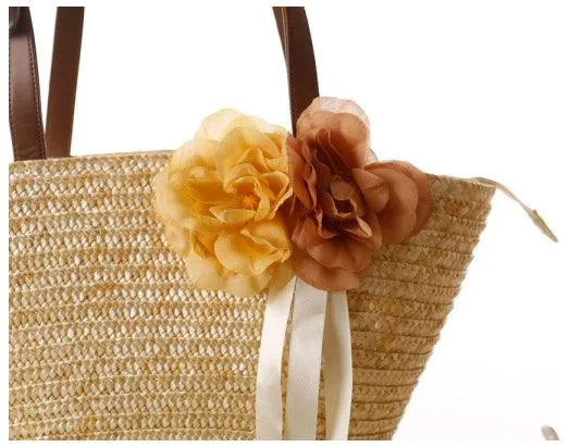 Straw Summer Beach Bags Flower Biege