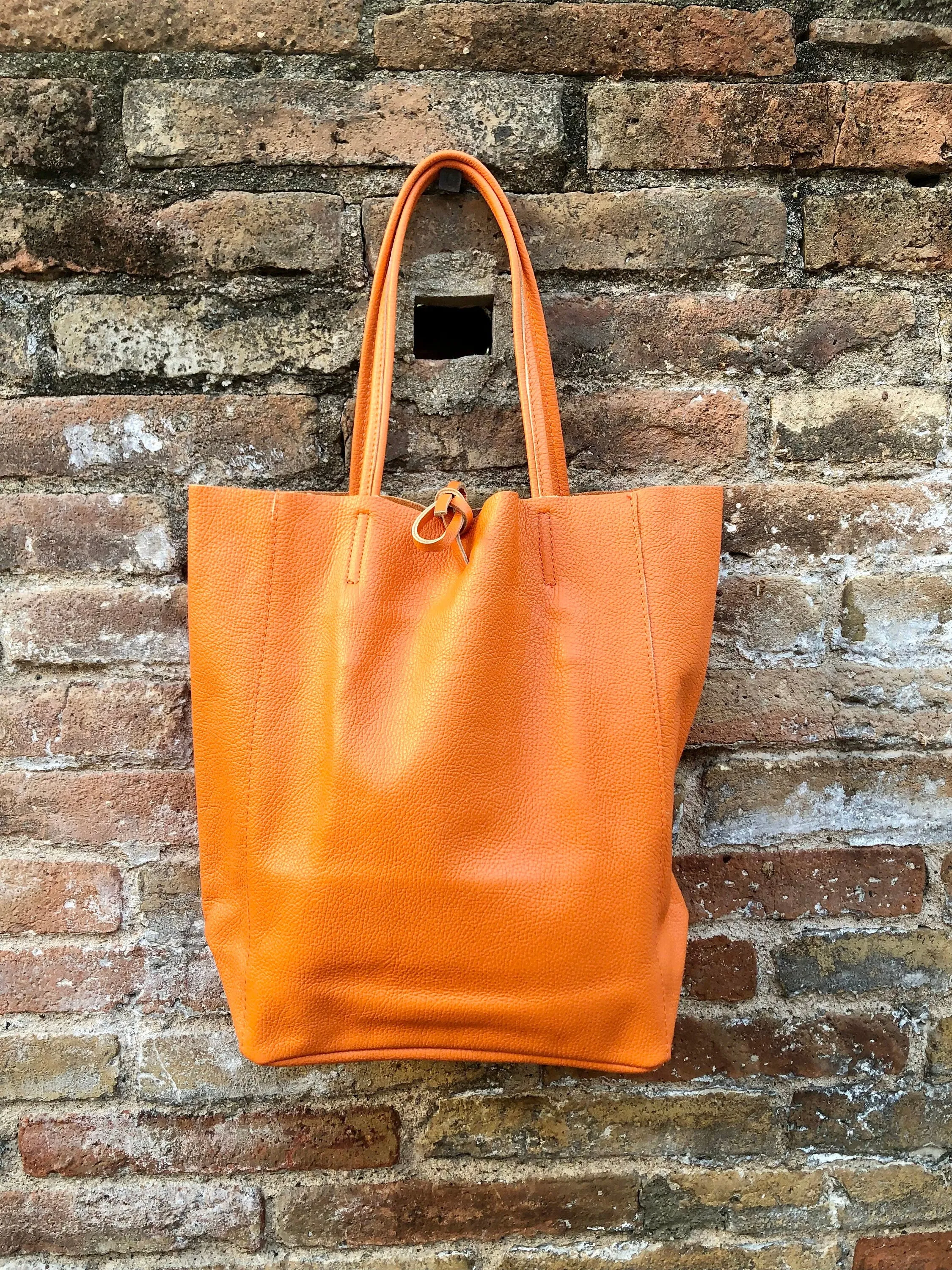 Tote bag in bright ORANGE. Genuine leather shopper bag. Laptop, office bag to carry your tablet / books. Orange leather purse. Hobo bag