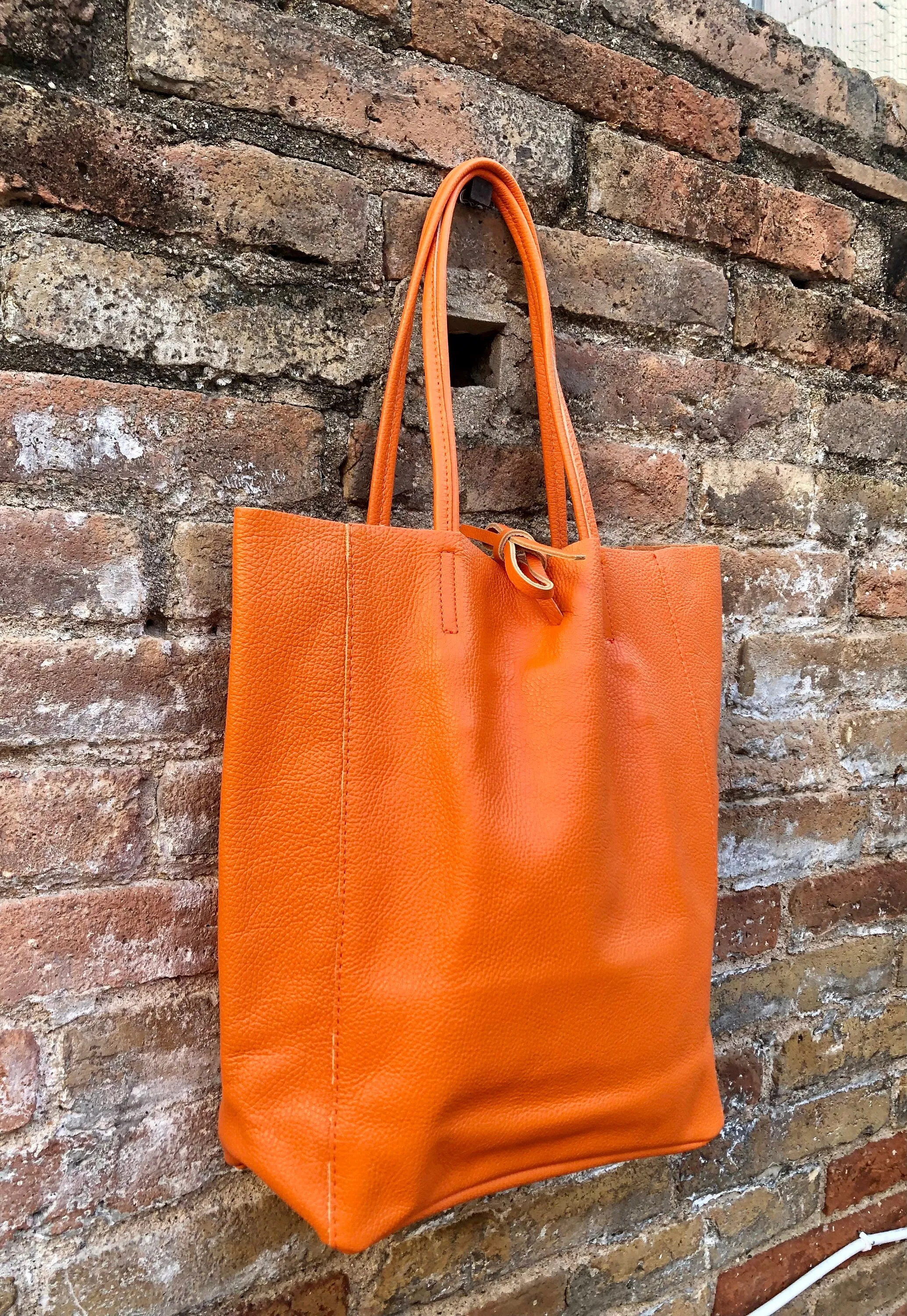 Tote bag in bright ORANGE. Genuine leather shopper bag. Laptop, office bag to carry your tablet / books. Orange leather purse. Hobo bag