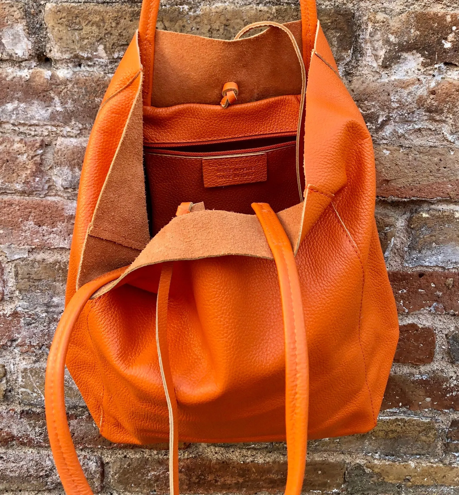 Tote bag in bright ORANGE. Genuine leather shopper bag. Laptop, office bag to carry your tablet / books. Orange leather purse. Hobo bag