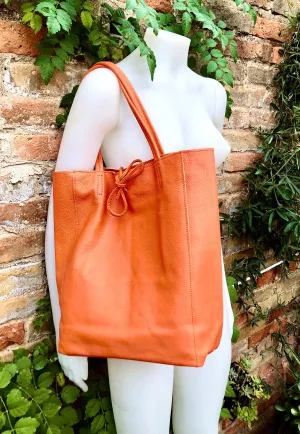 Tote bag in bright ORANGE. Genuine leather shopper bag. Laptop, office bag to carry your tablet / books. Orange leather purse. Hobo bag