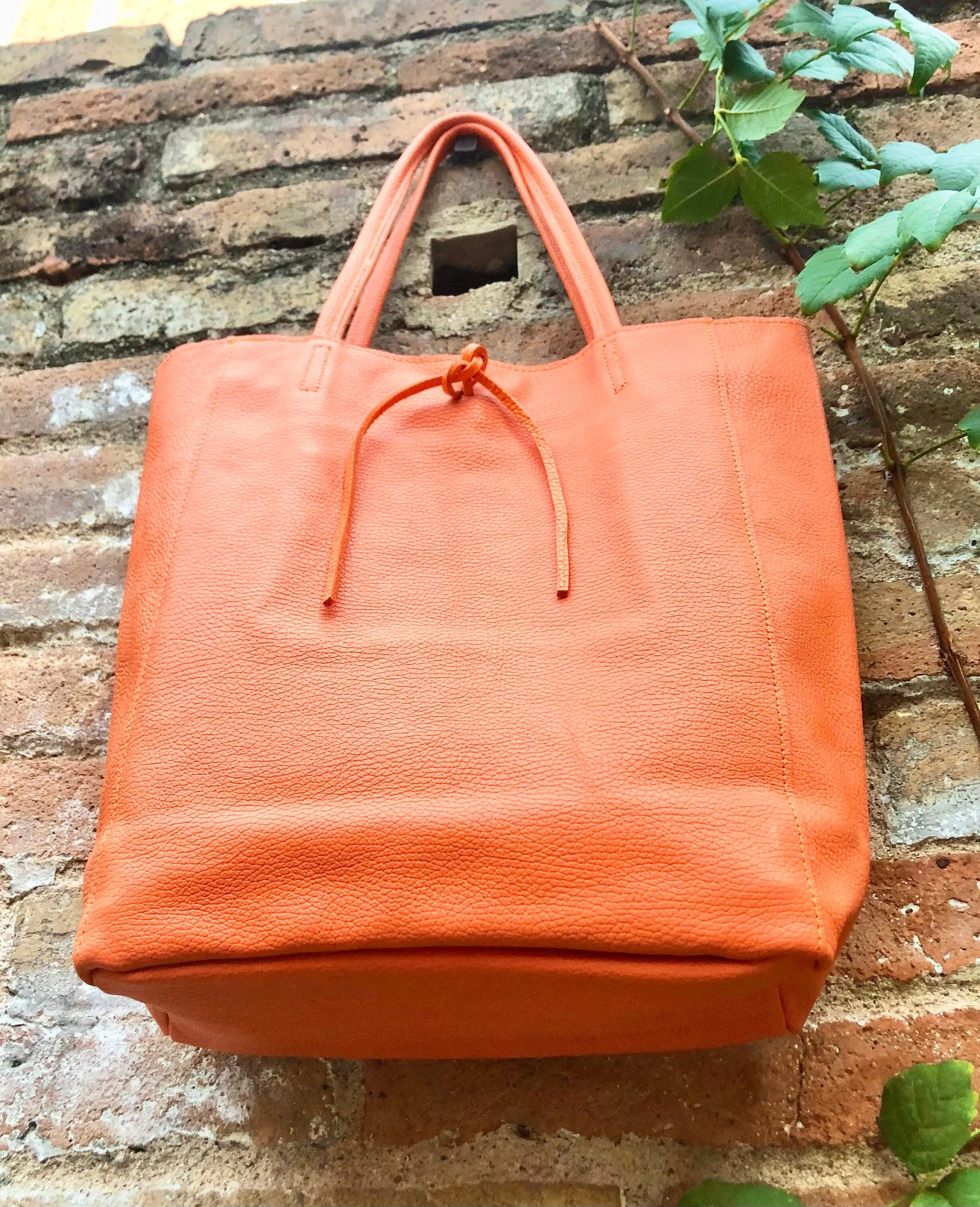 Tote bag in bright ORANGE. Genuine leather shopper bag. Laptop, office bag to carry your tablet / books. Orange leather purse. Hobo bag