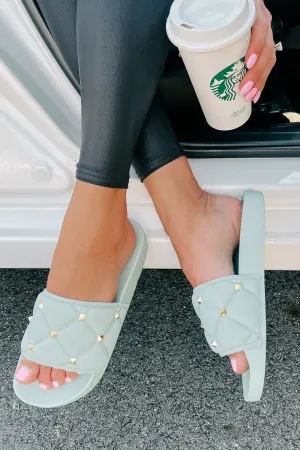 Treating Myself Quilted Studded Slides (Light Teal)