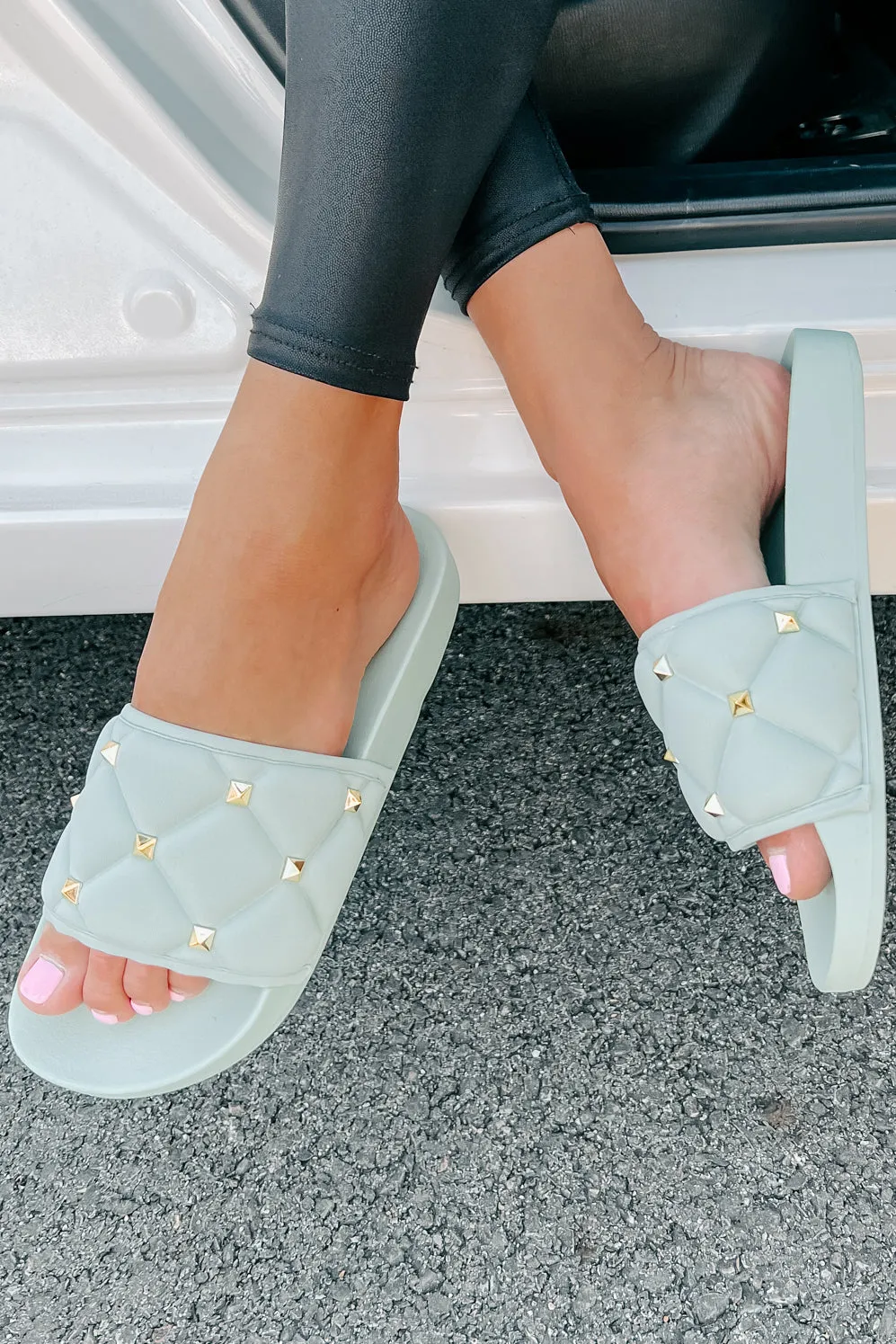 Treating Myself Quilted Studded Slides (Light Teal)