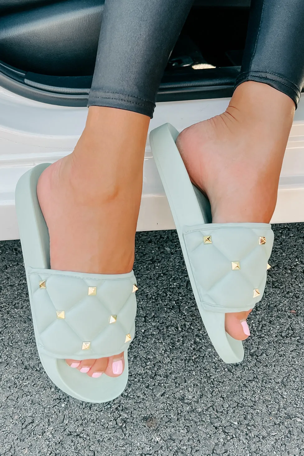 Treating Myself Quilted Studded Slides (Light Teal)