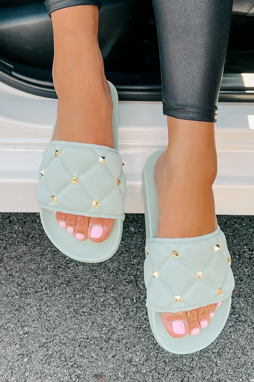 Treating Myself Quilted Studded Slides (Light Teal)