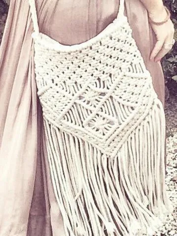 Vintage Knit Tassel White Casual Bag For Women