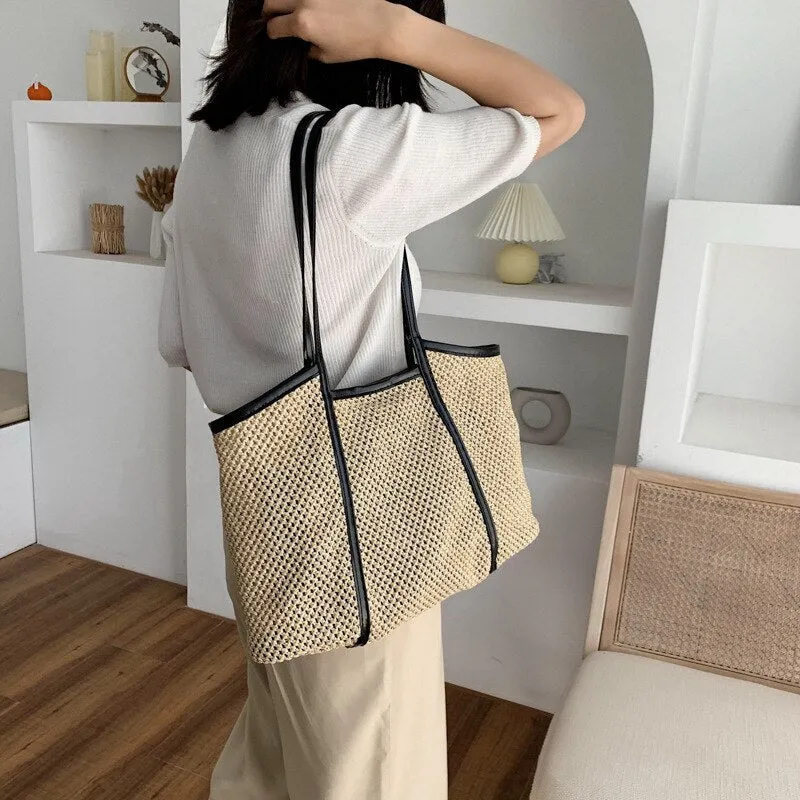 Vvsha casual straw large capacity tote wicker woven shoulder bags rattan handbags summer beach bag travel big purses female sac 2022