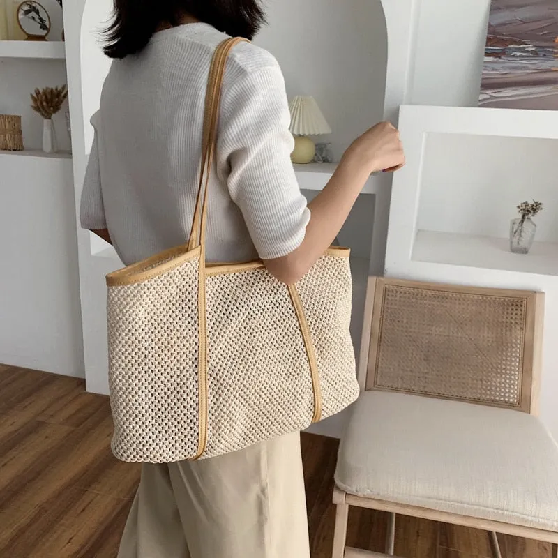 Vvsha casual straw large capacity tote wicker woven shoulder bags rattan handbags summer beach bag travel big purses female sac 2022