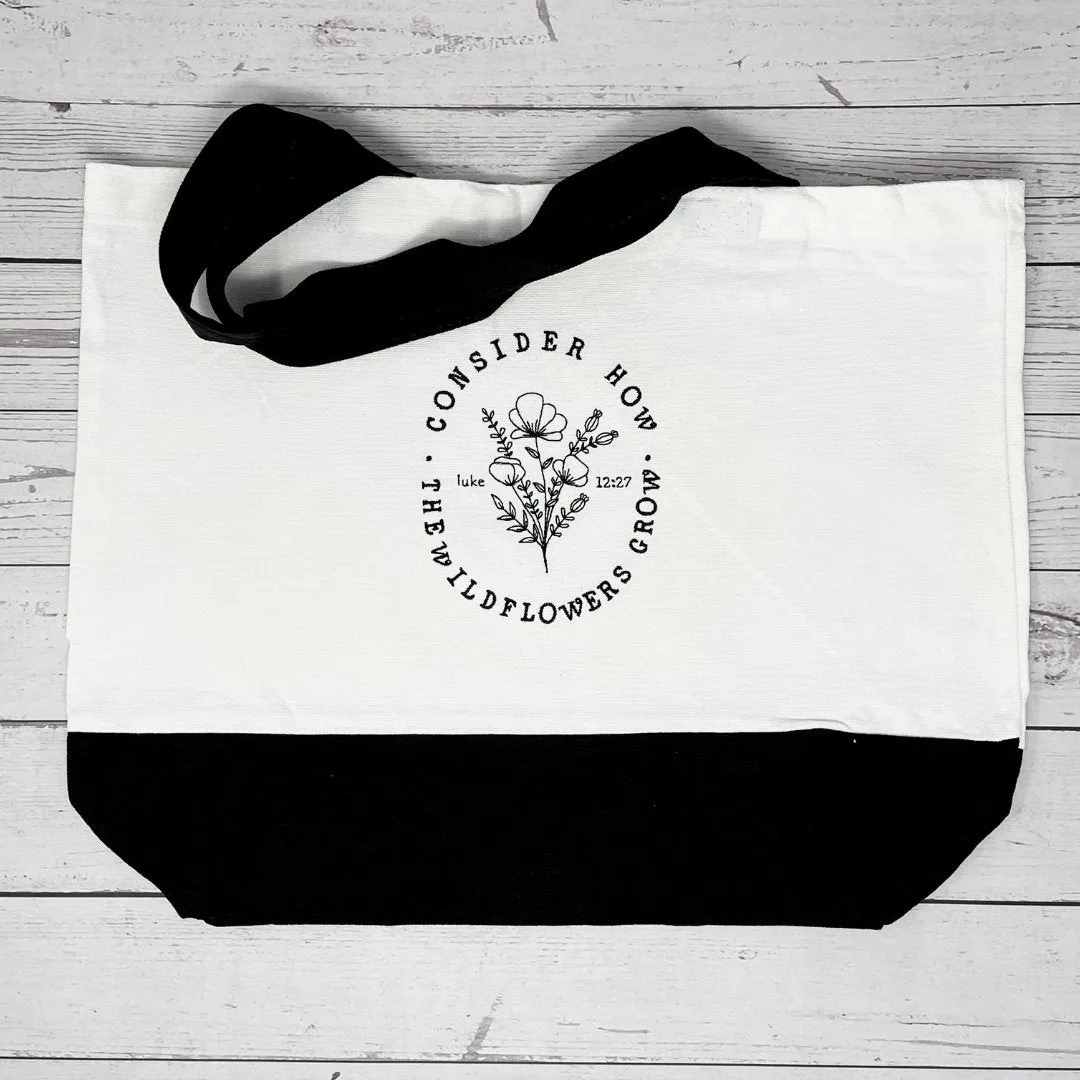 Wildflower Wisdom Embroidered Tote Bag - Luke 12:27