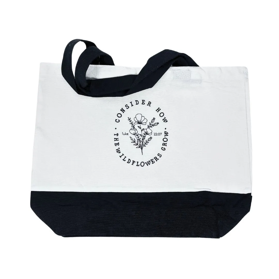 Wildflower Wisdom Embroidered Tote Bag - Luke 12:27