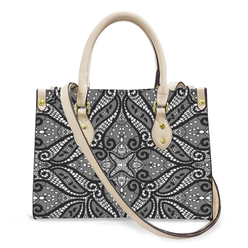 Women's Vegan Leather Black Lace Designed Handbag Custom Bag