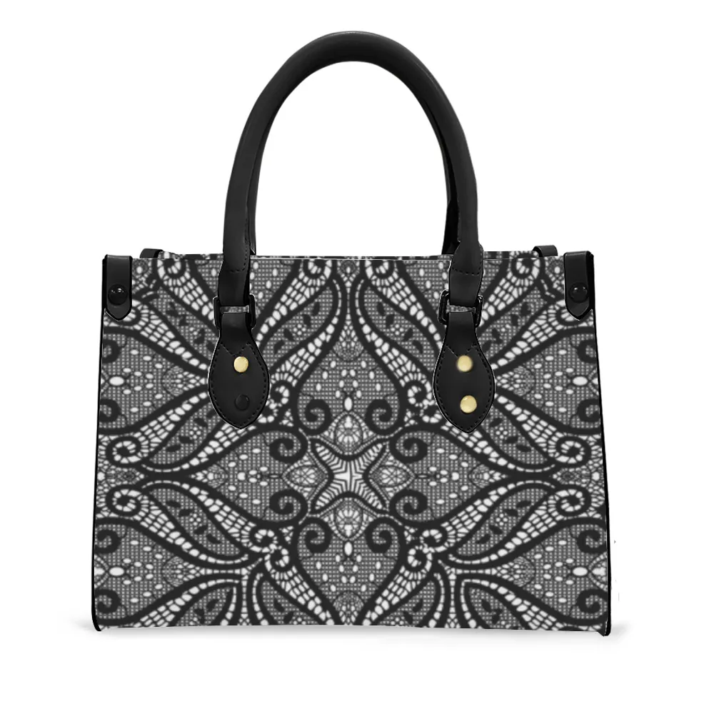 Women's Vegan Leather Black Lace Designed Handbag Custom Bag