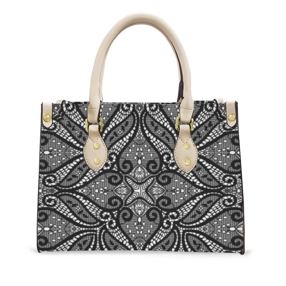 Women's Vegan Leather Black Lace Designed Handbag Custom Bag
