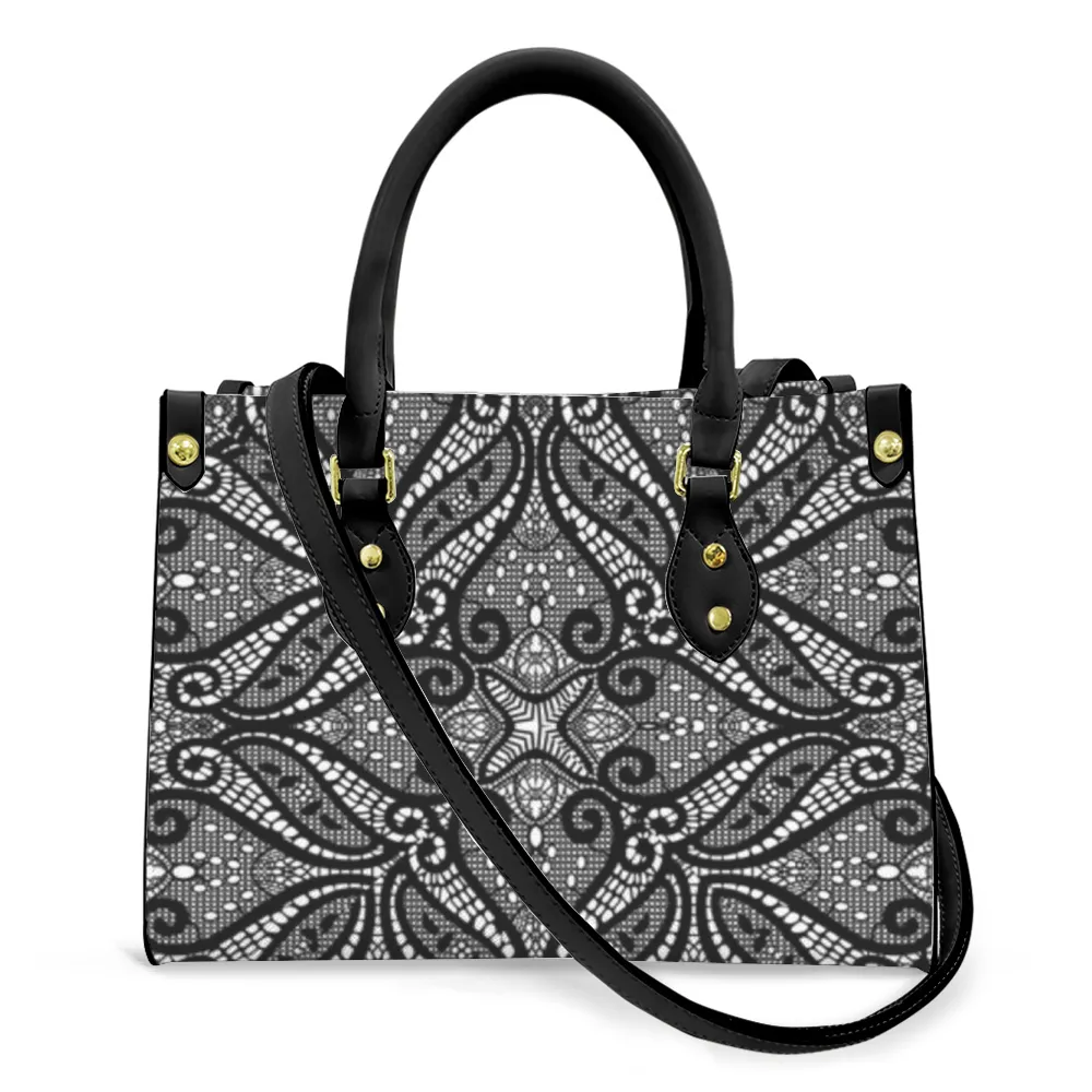 Women's Vegan Leather Black Lace Designed Handbag Custom Bag