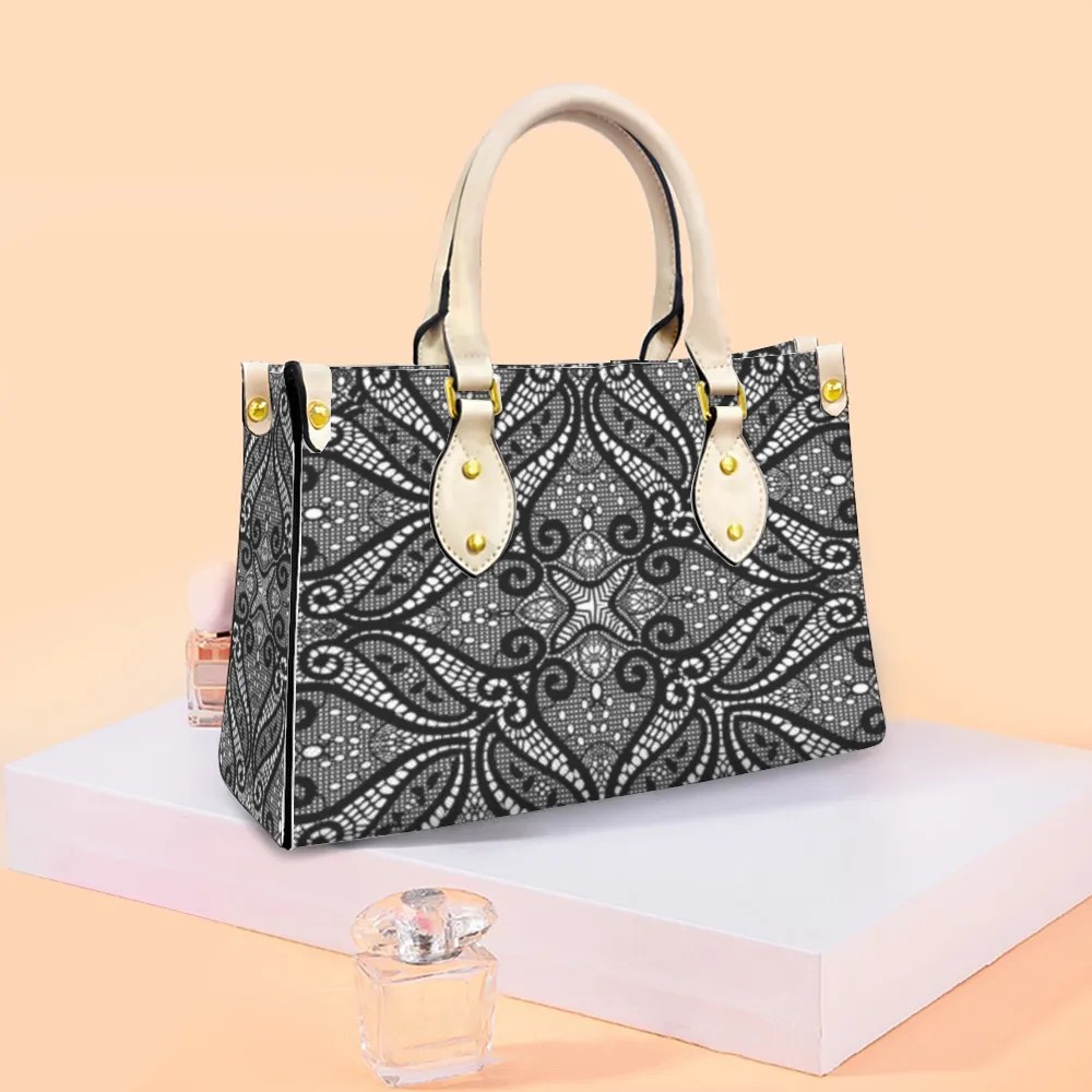 Women's Vegan Leather Black Lace Designed Handbag Custom Bag