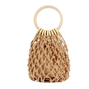 Wooden Handle Woven Bag - Camel