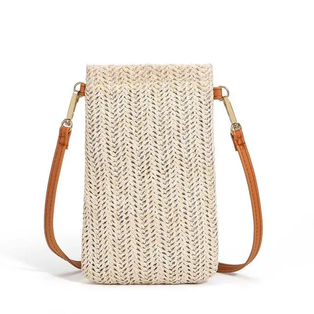 Woven straw messenger bag phone coin purse