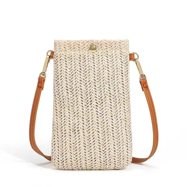 Woven straw messenger bag phone coin purse